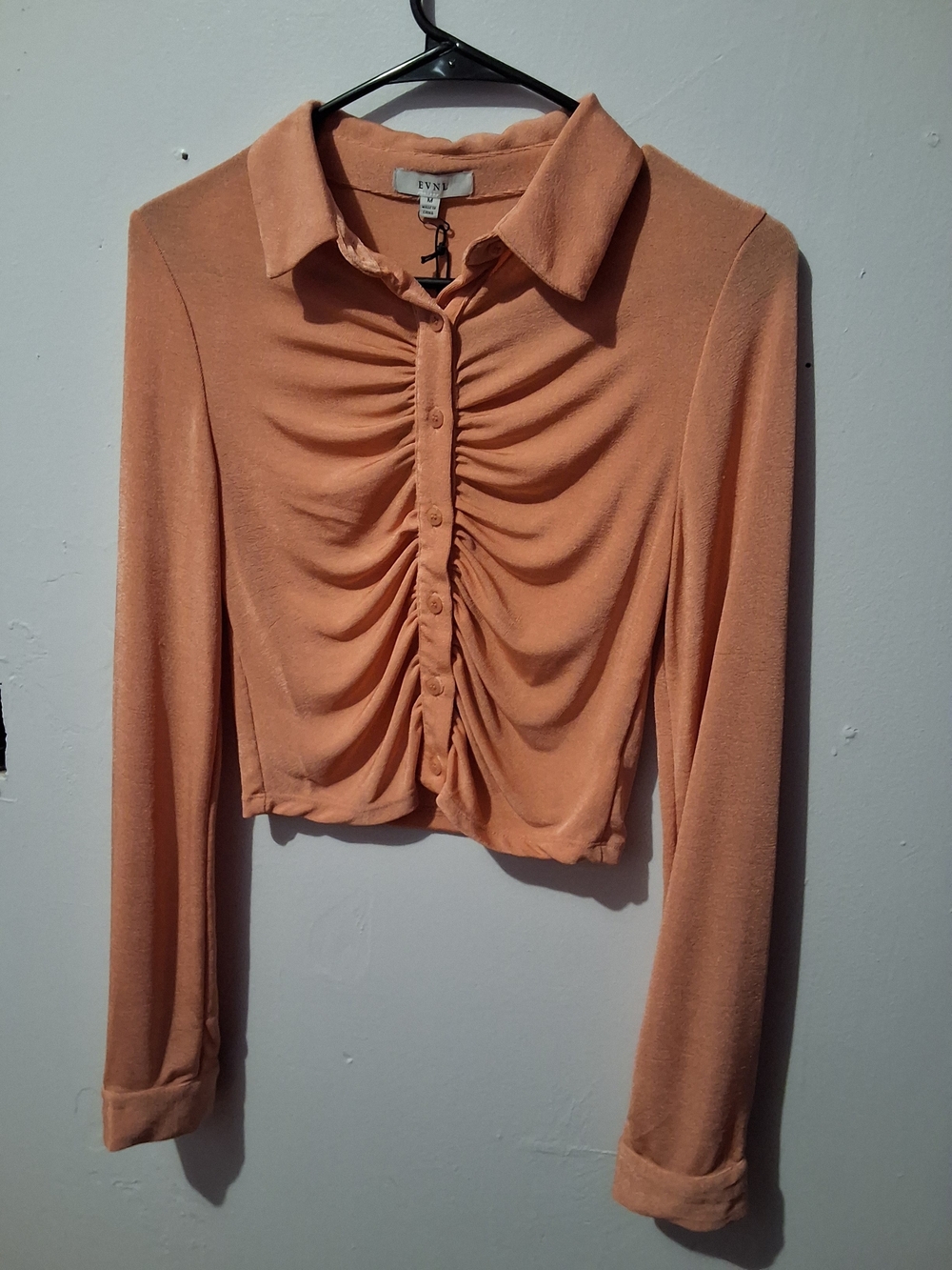 EVRI Peach Ruched Button-Front Collared Blouse - Picture 3 of 10